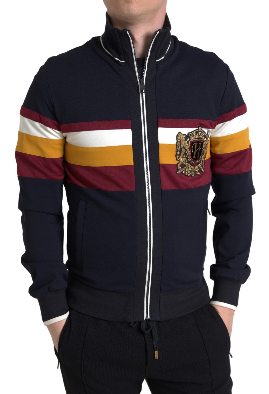 Blue heraldic full zip cardigan sweater by Dolce & Gabbana, featuring a detailed crest design and ribbed cuffs and hem.