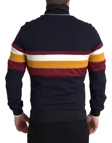 Blue heraldic full-zip cardigan sweater by Dolce & Gabbana, featuring a detailed crest emblem and ribbed cuffs.