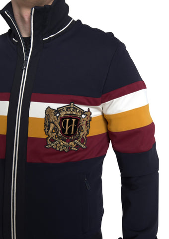 Blue heraldic full zip cardigan sweater by Dolce & Gabbana, featuring a detailed crest design and ribbed cuffs.