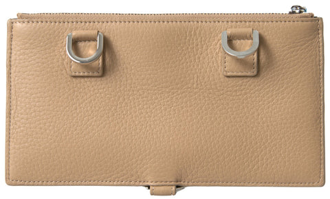 Beige leather Dolce & Gabbana shoulder cardholder with strap, compact wallet with card slots and shoulder strap for convenience.