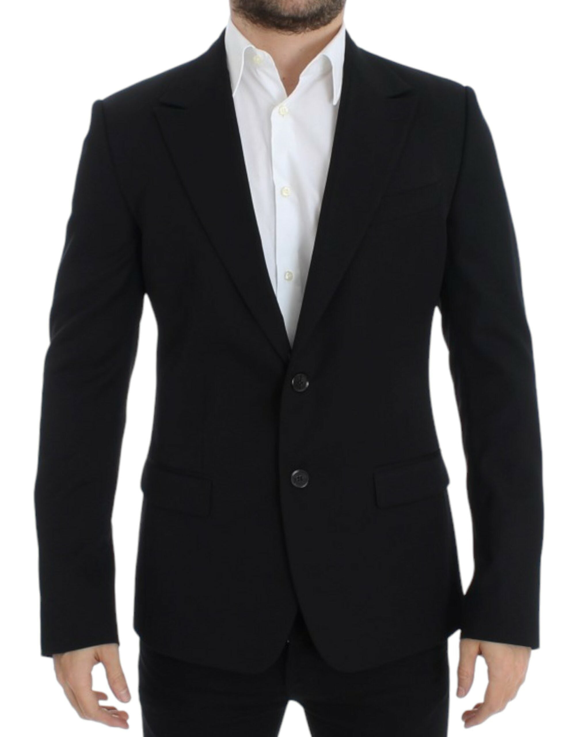 Black wool slim fit blazer by Dolce & Gabbana, tailored with a classic lapel and sleek design, displayed on a hanger.