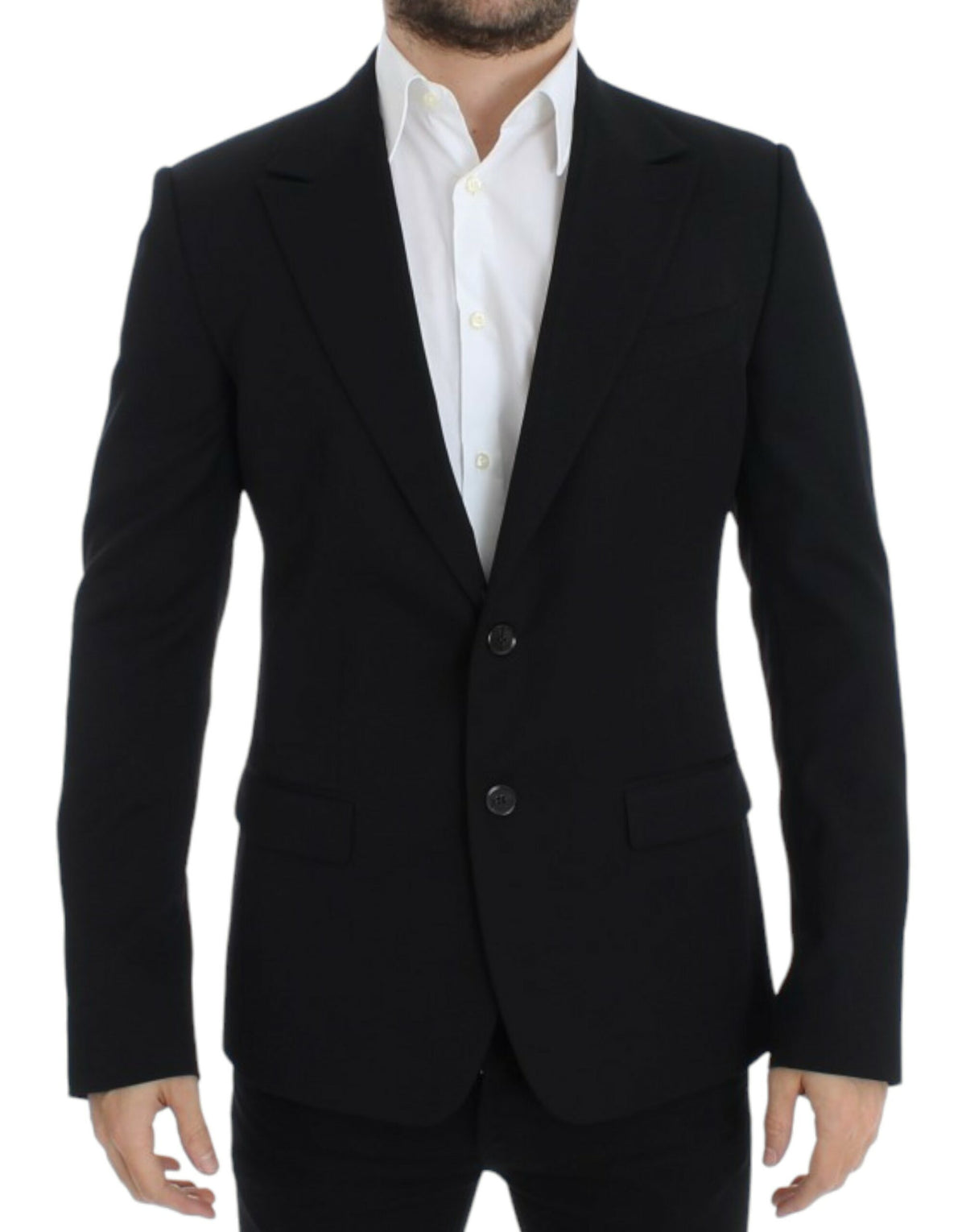 Black wool slim fit blazer by Dolce & Gabbana, tailored with a classic lapel and sleek design, displayed on a hanger.