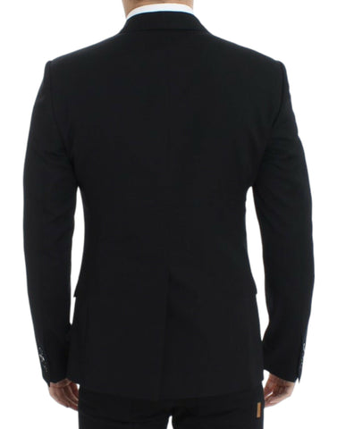 Black wool slim fit blazer by Dolce & Gabbana, tailored fit with notch lapel, button closure, and stylish design.