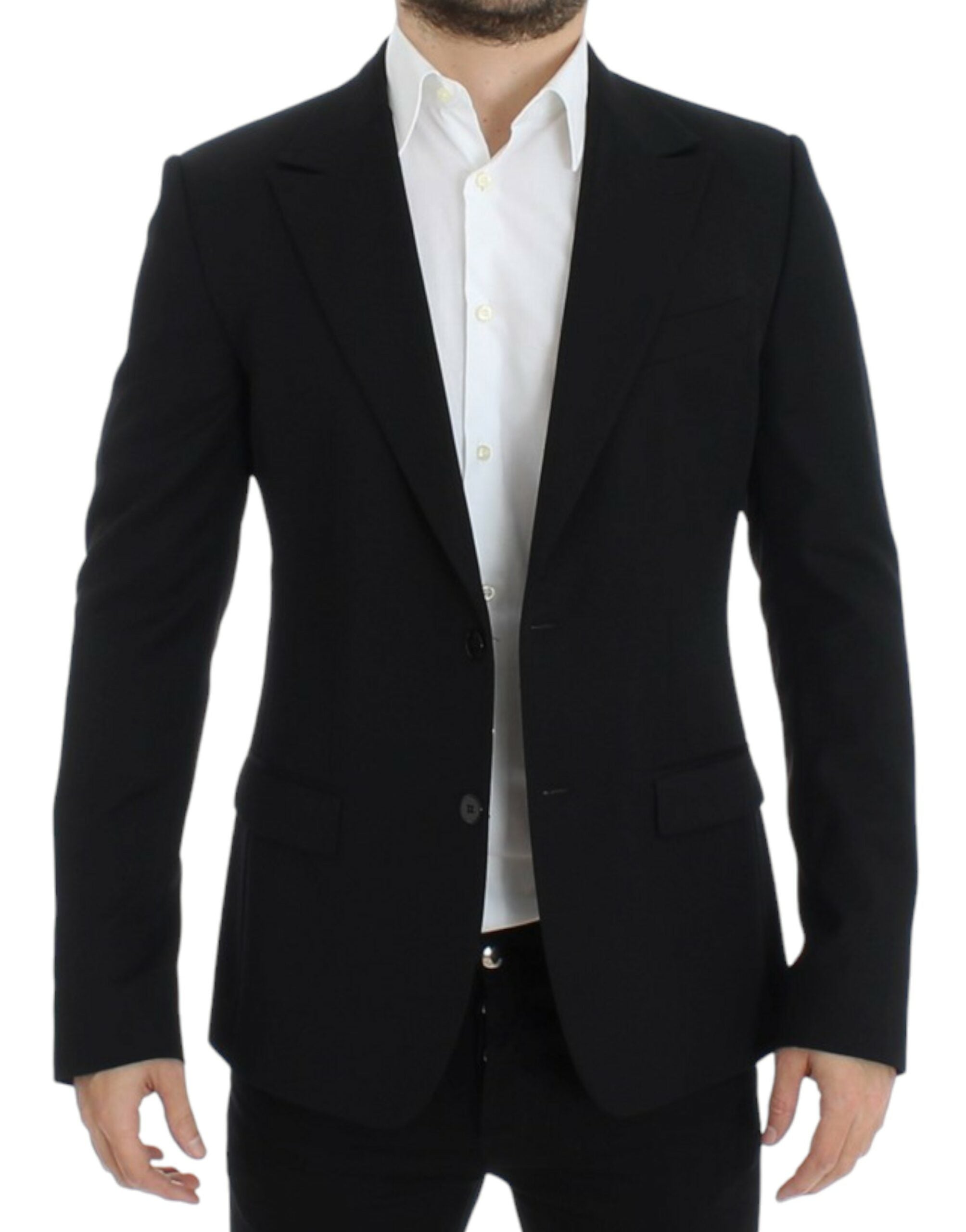 Black wool slim fit blazer by Dolce & Gabbana, tailored with a sleek lapel and structured design, shown on a hanger.