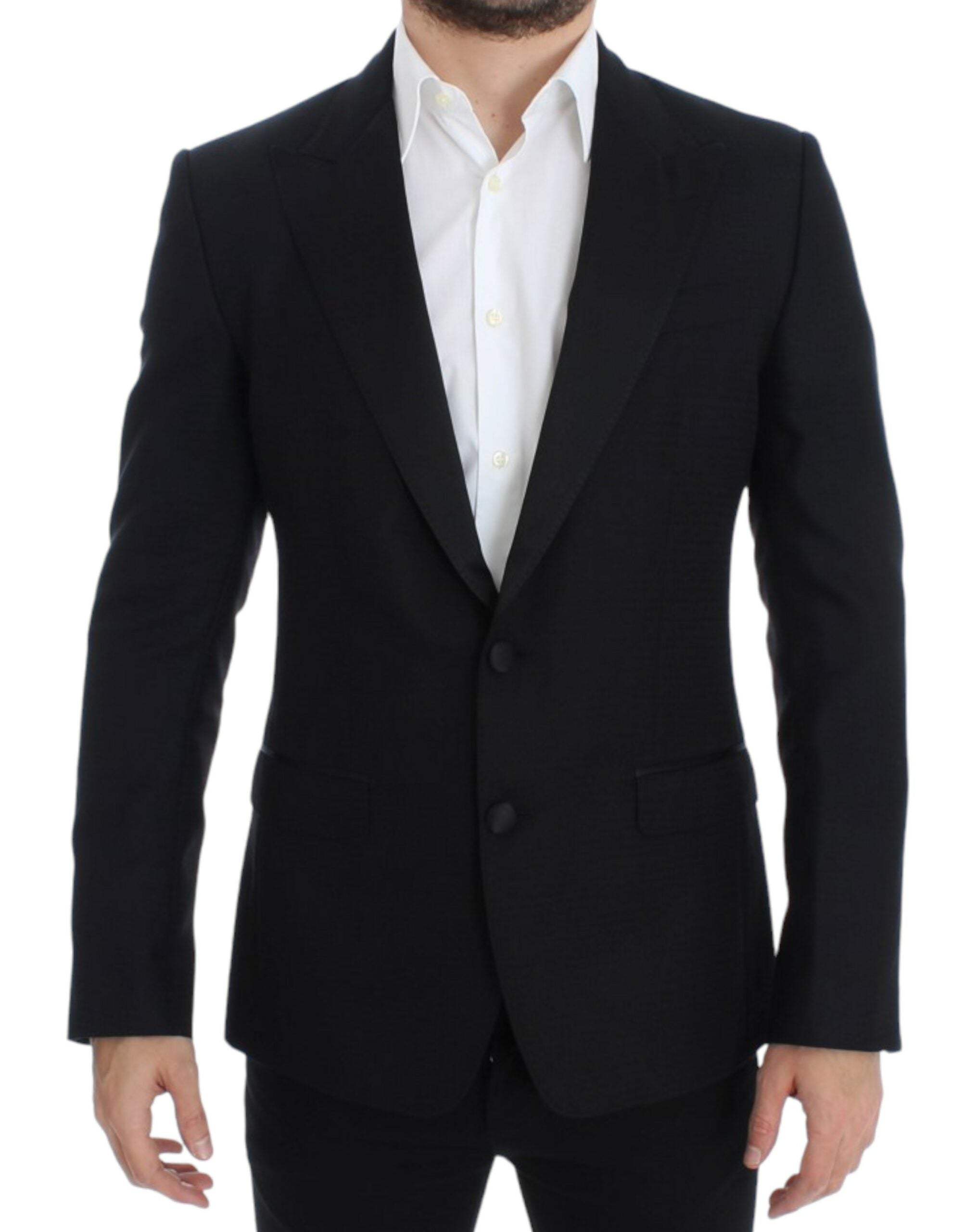 Black wool silk Sicilia blazer by Dolce & Gabbana displayed on a mannequin, showcasing tailored fit and elegant lapel details.