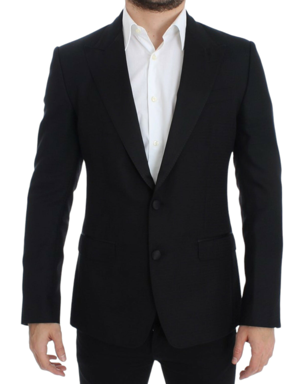 Black wool silk Sicilia blazer by Dolce & Gabbana displayed on a mannequin, showcasing tailored fit and elegant lapel details.