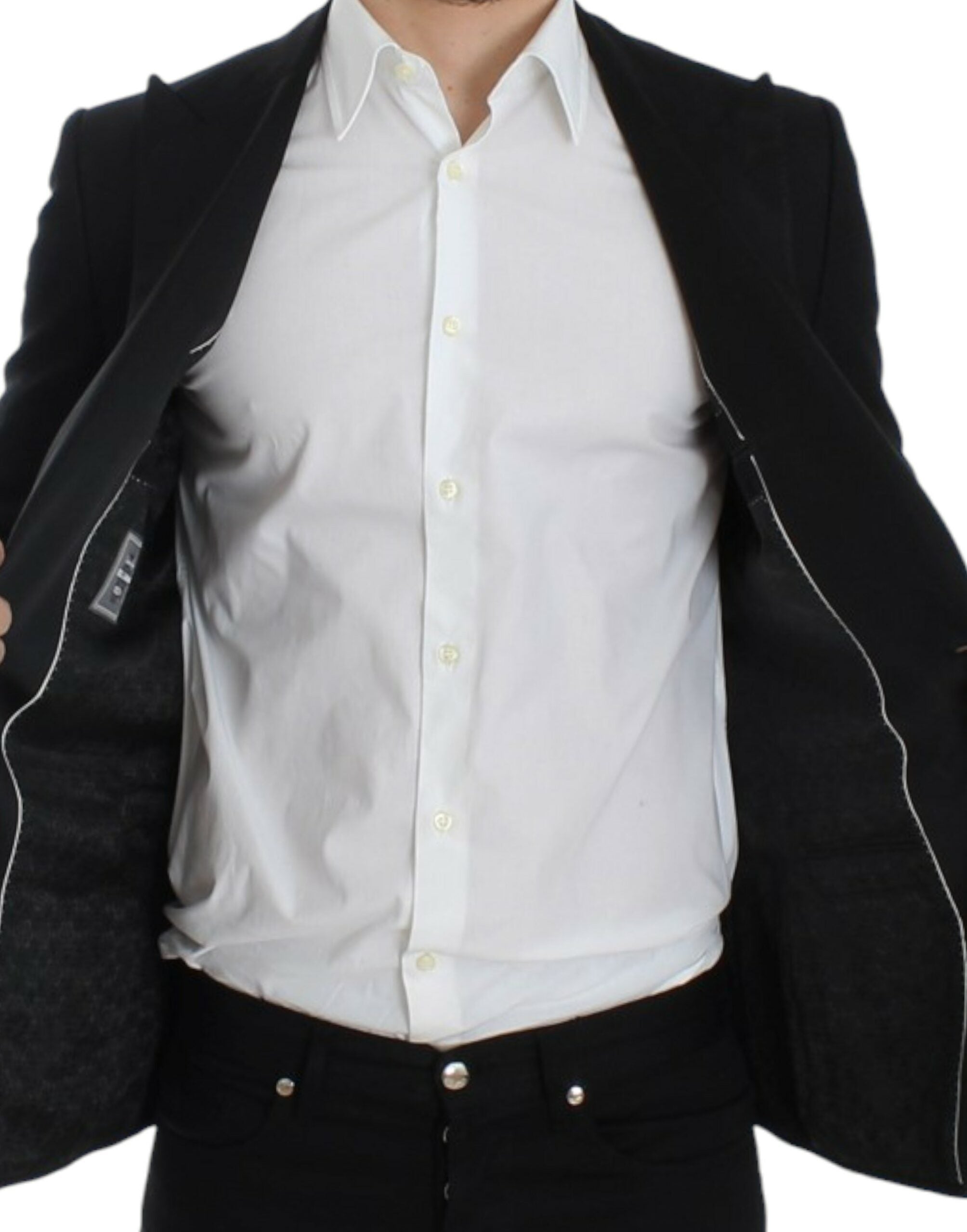 Black wool and silk Sicilia blazer by Dolce & Gabbana, tailored fit with classic lapel and button details, stylish and elegant.