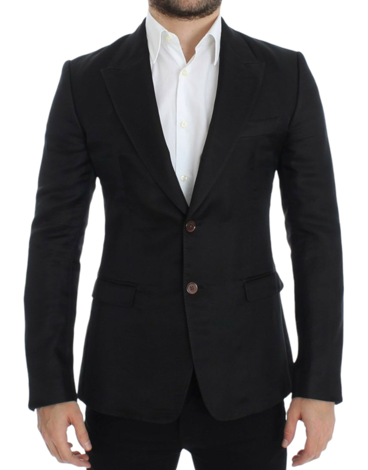 Black silk slim fit blazer by Dolce & Gabbana, tailored with a sleek design and classic lapel, shown on a hanger.