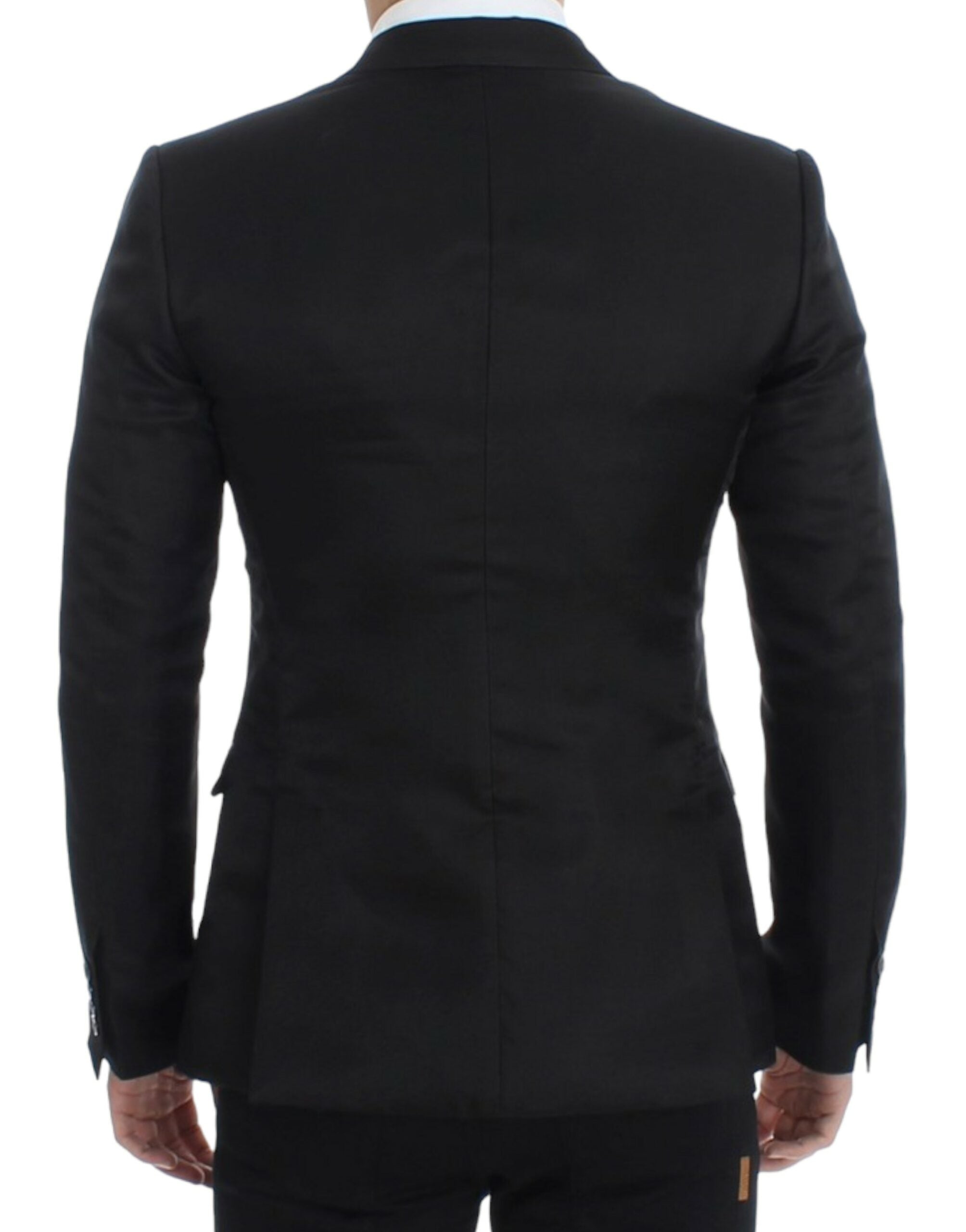Slim fit black silk blazer by Dolce & Gabbana displayed on a hanger, showcasing tailored design and smooth fabric.