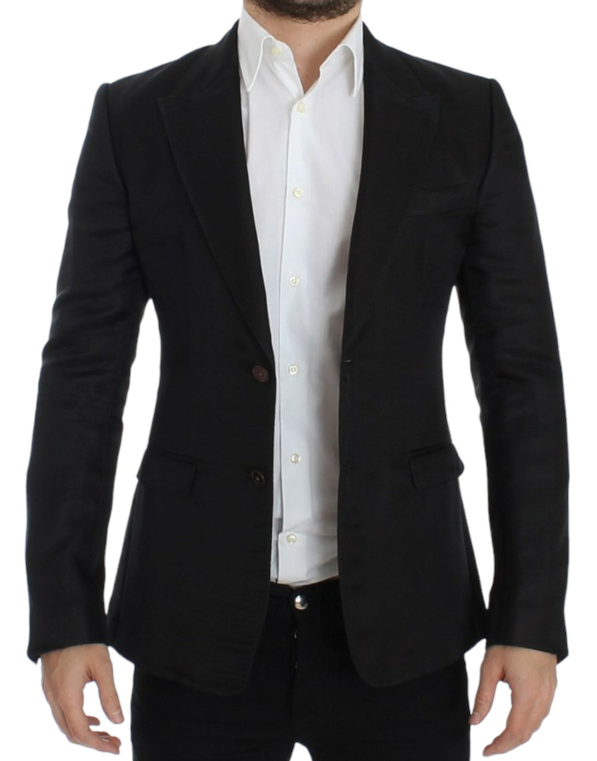 Black silk slim fit blazer by Dolce & Gabbana, tailored with a sleek design and classic lapel, displayed on a hanger.