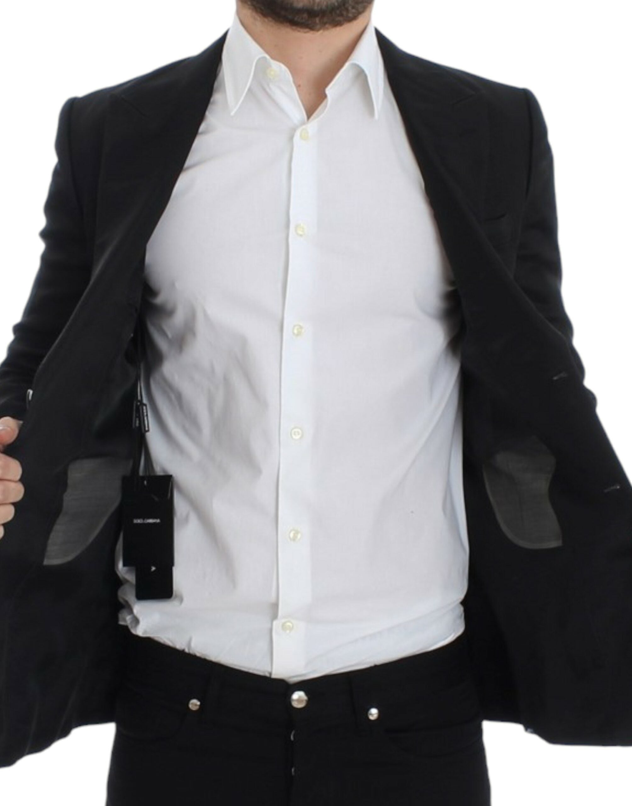 Black silk slim fit blazer by Dolce & Gabbana, tailored with a sleek design and classic lapel, shown on a model.