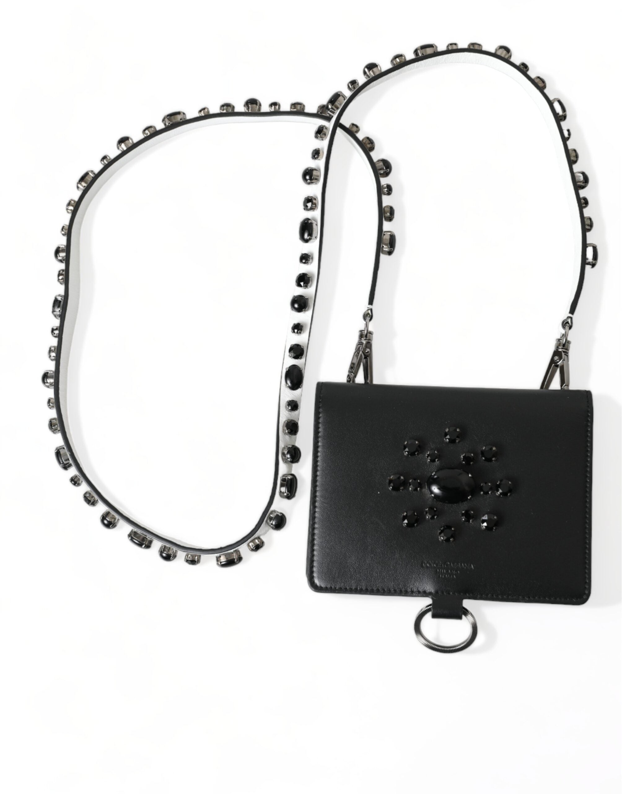 Black leather card holder wallet with crystal embellishments from Dolce & Gabbana, featuring sleek design and compact size.