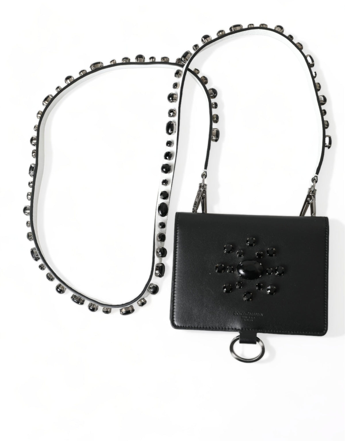 Black leather card holder wallet with crystal embellishments from Dolce & Gabbana, featuring sleek design and compact size.