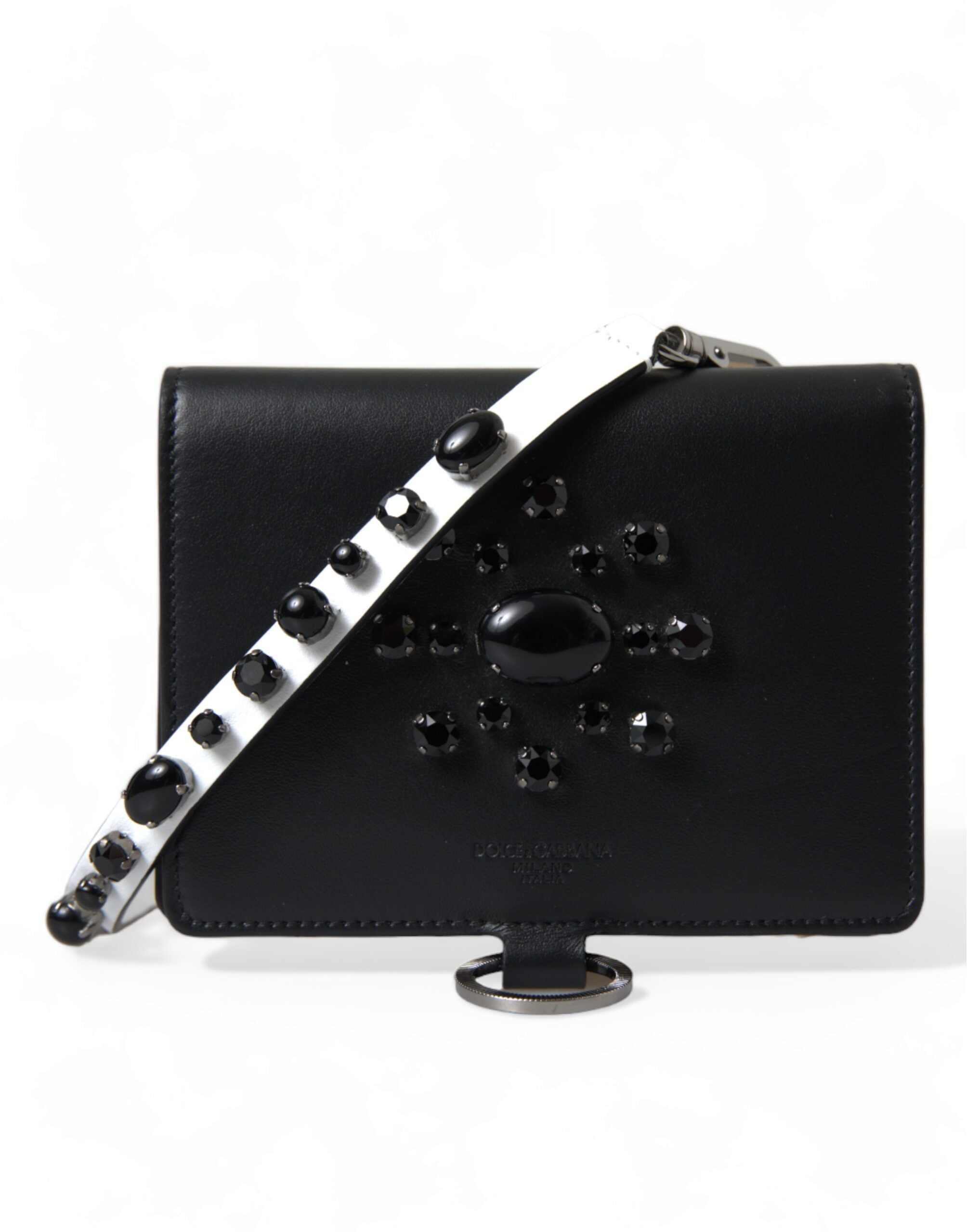 Black leather card holder wallet with crystal embellishments by Dolce & Gabbana, featuring multiple card slots and a sleek design.