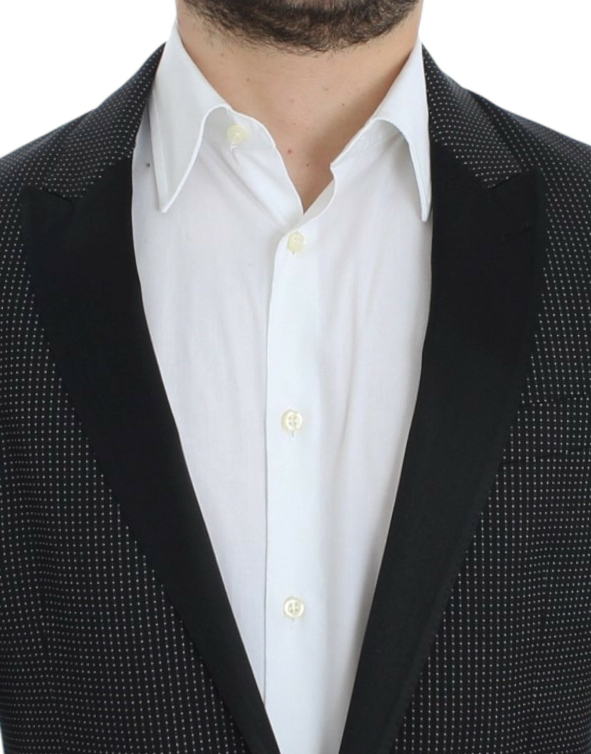 Black wool slim Martini blazer by Dolce & Gabbana, tailored fit with lapel collar and button closure, shown on a mannequin.