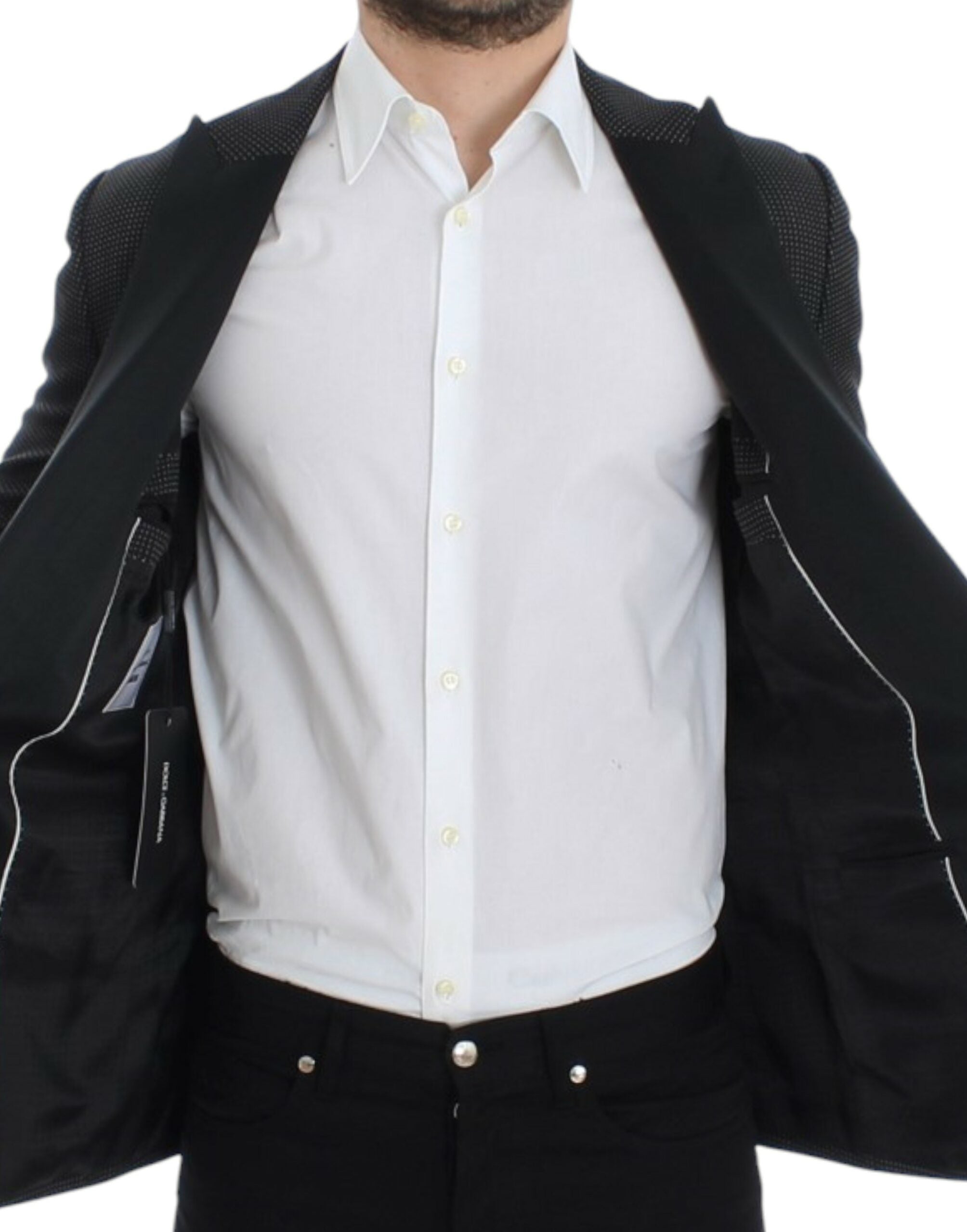 Black wool slim-fit Martini blazer by Dolce & Gabbana, tailored with a sleek lapel and structured silhouette.