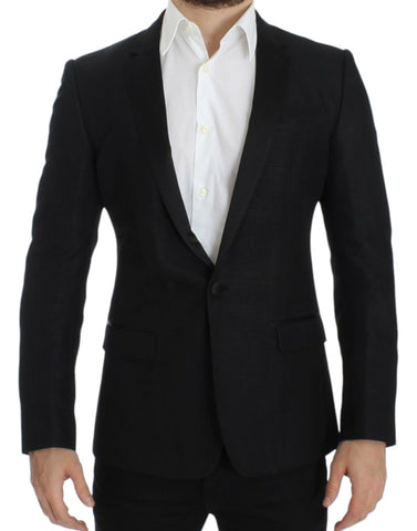 Black wool Martini slim blazer by Dolce & Gabbana, tailored fit with lapel collar and button closure, front pockets, and sleek style.
