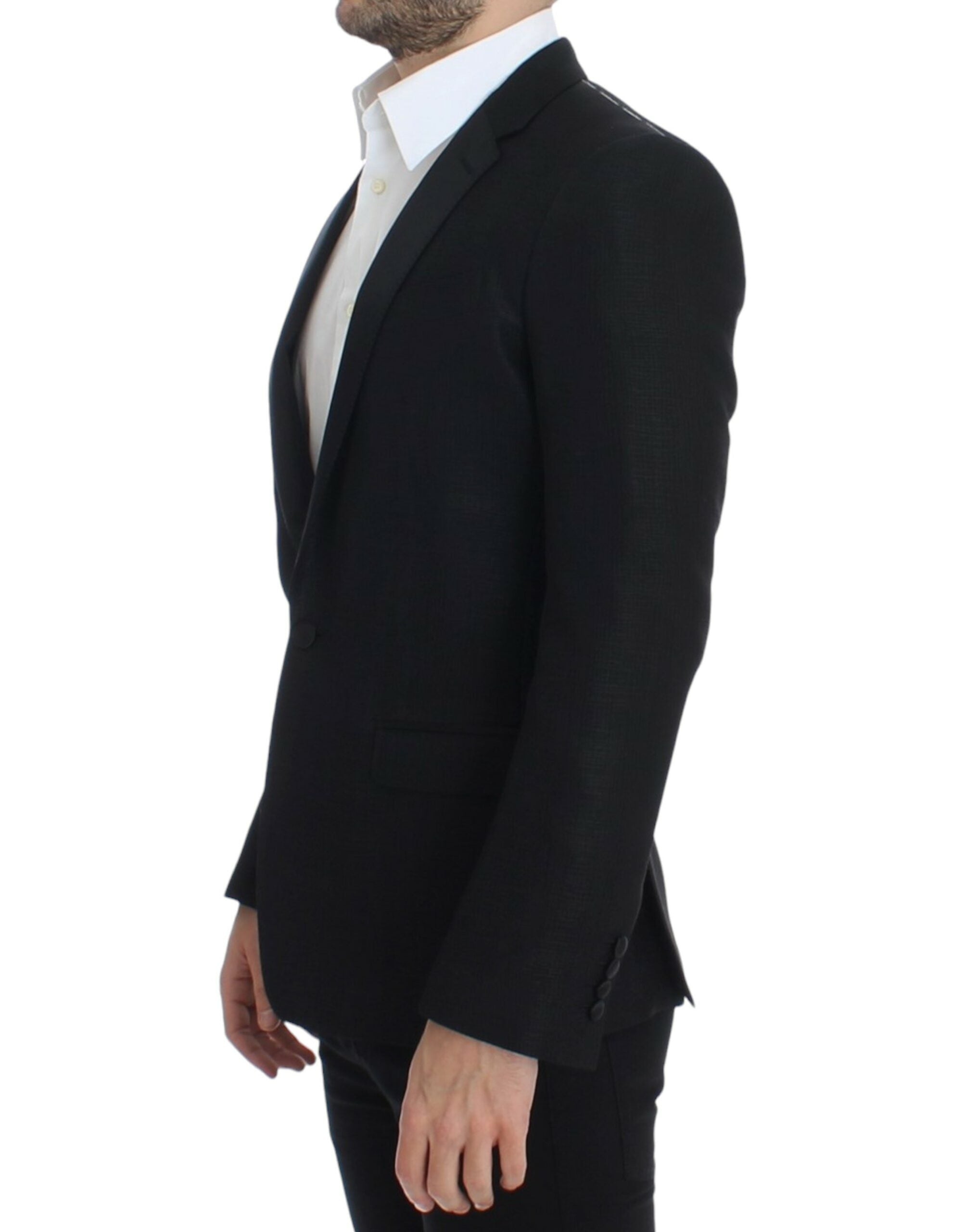 Black wool Martini slim blazer by Dolce & Gabbana, tailored fit with structured lapels and sleek design, shown on a mannequin.