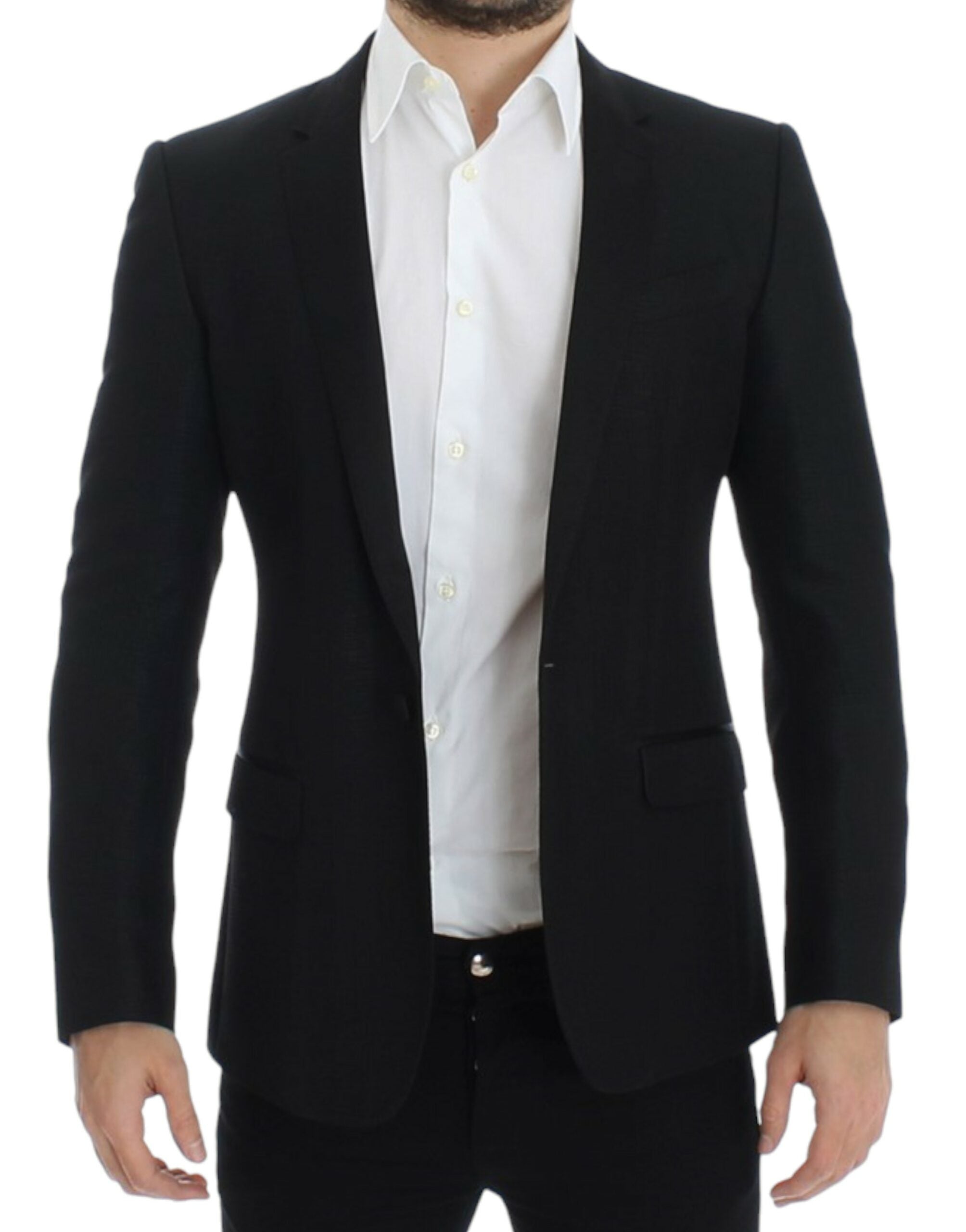 Black wool MARTINI slim blazer by Dolce & Gabbana, tailored fit with notch lapels and sleek design for modern style.