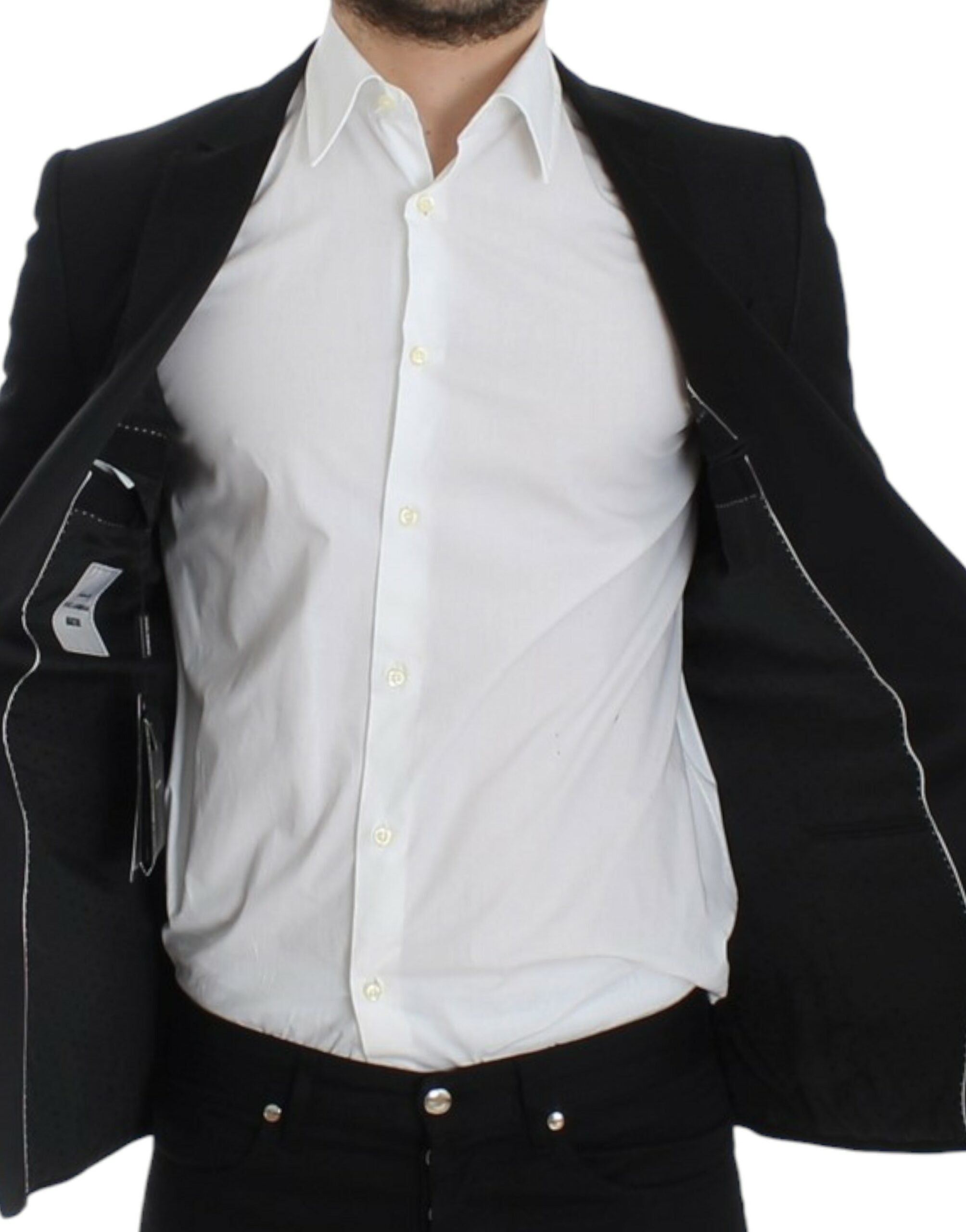 Black wool Martini slim blazer by Dolce & Gabbana, tailored fit with notch lapels and single-button closure, stylish and elegant.