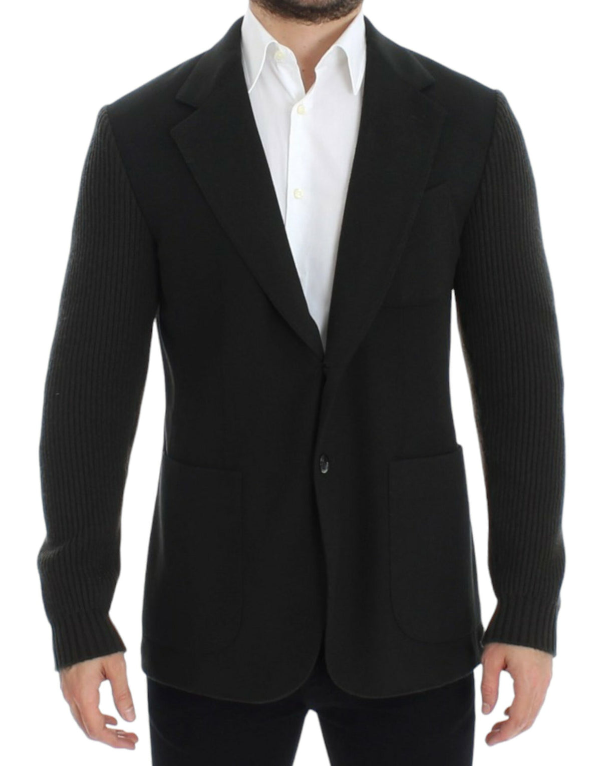 Green cashmere Dolce & Gabbana two-button blazer shown on a hanger, close-up of fabric and tailored fit.