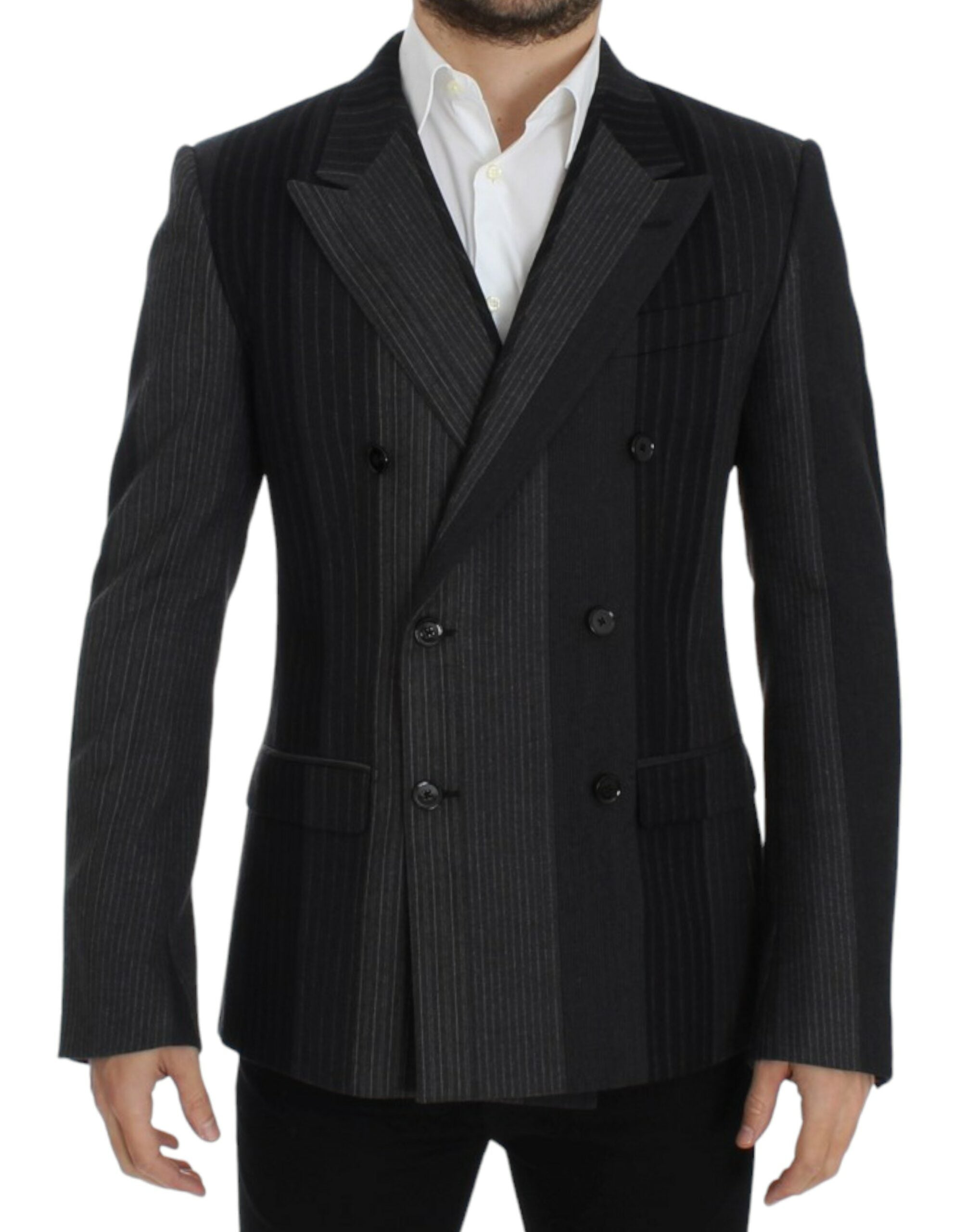 Gray striped wool stretch blazer by Dolce & Gabbana, tailored fit with classic lapels and button closure.