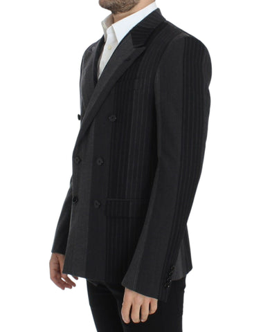 Gray striped wool stretch blazer by Dolce & Gabbana, tailored fit with classic lapels and button closure, styled on a mannequin.