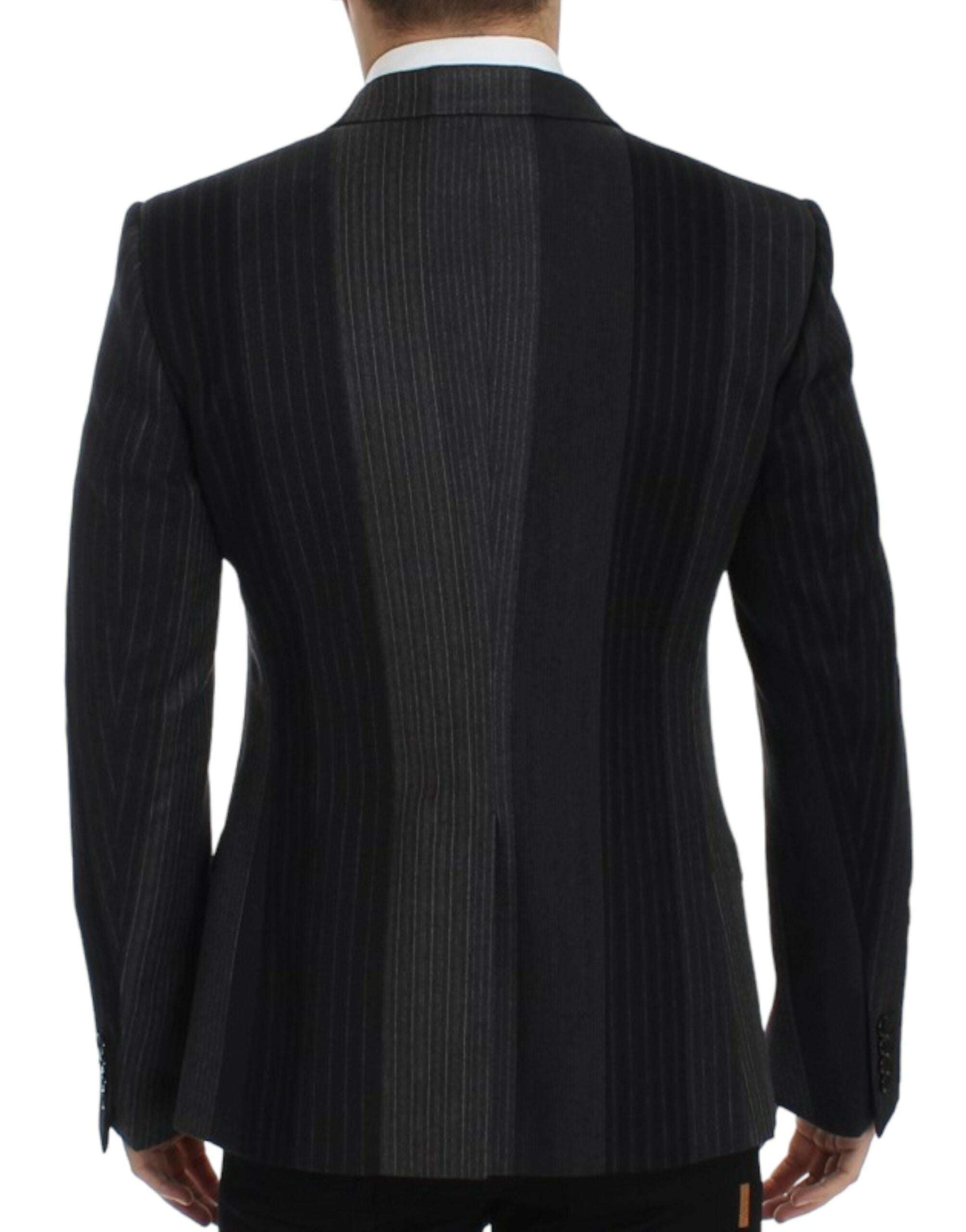 Gray striped wool stretch blazer by Dolce & Gabbana, tailored fit with classic lapel and button closure, styled on a mannequin.