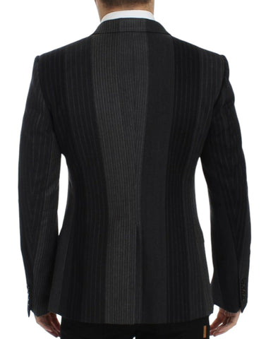 Gray striped wool stretch blazer by Dolce & Gabbana, tailored fit with classic lapel and button closure, styled on a mannequin.