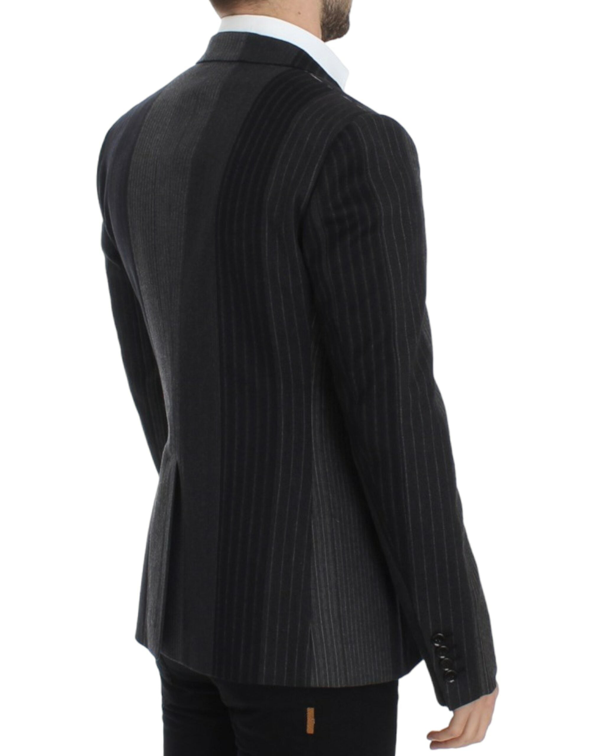 Gray striped wool stretch blazer by Dolce & Gabbana, tailored fit with classic lapels and button closure, shown on a hanger.
