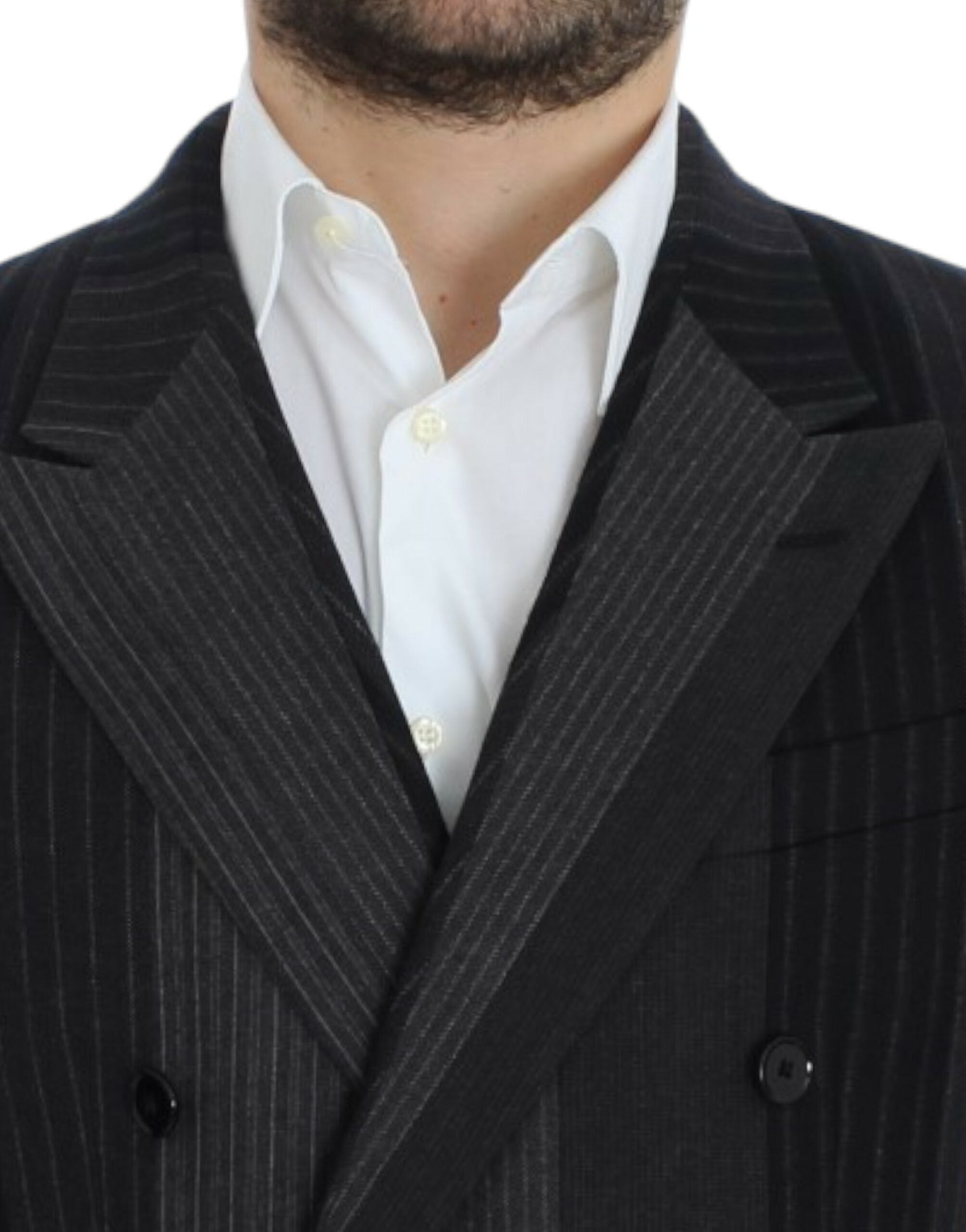 Gray striped wool stretch blazer by Dolce & Gabbana, tailored fit with classic lapels and button closure, shown on a mannequin.