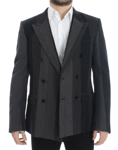 Gray striped wool stretch blazer by Dolce & Gabbana, tailored fit with classic lapel and button closure, shown on a hanger.