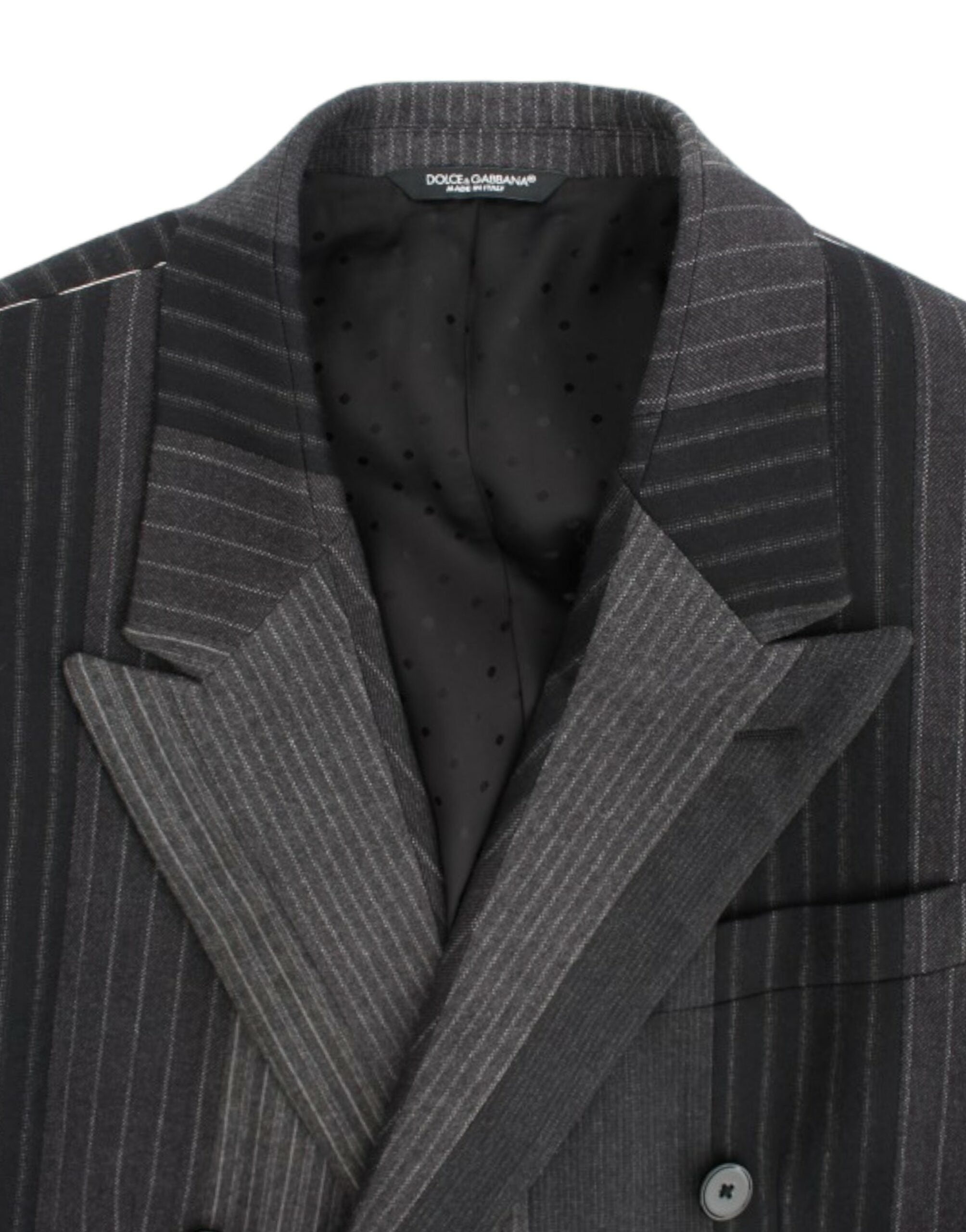 Gray striped wool stretch blazer by Dolce & Gabbana, tailored fit with classic lapel and button closure, suitable for formal or stylish occasions.