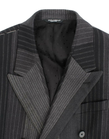 Gray striped wool stretch blazer by Dolce & Gabbana, tailored fit with classic lapel and button closure, suitable for formal or stylish occasions.