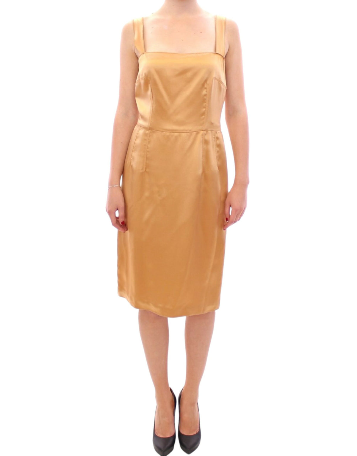 Bronze silk sheath dress by Dolce & Gabbana, shown on a model, featuring a sleek, fitted silhouette and elegant fabric details.