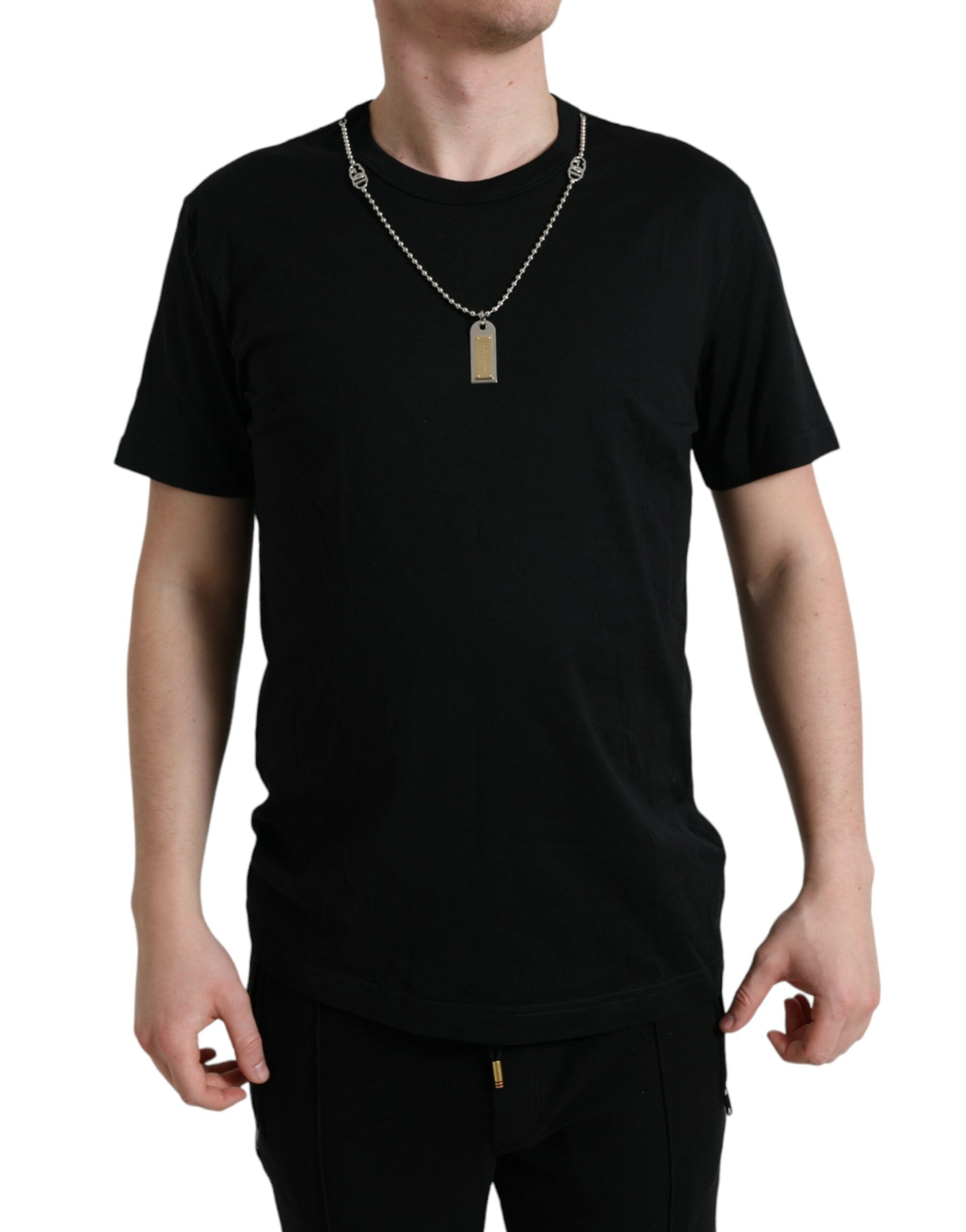 Black cotton dog tag round neck T-shirt by Dolce & Gabbana, showing the front view with a round neckline and dog tag detail.