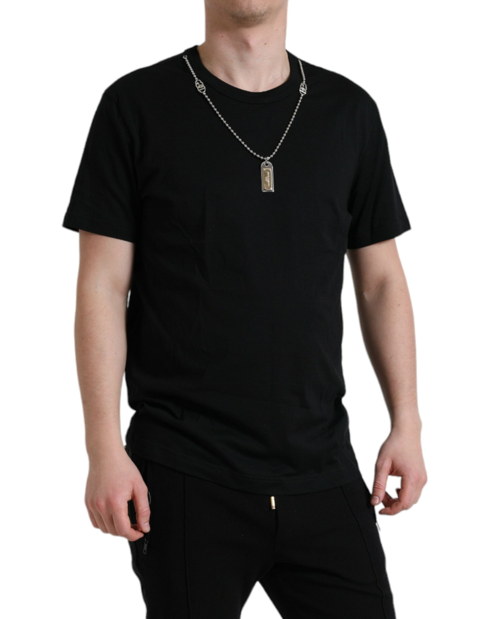 Black cotton dog tag round neck T-shirt by Dolce & Gabbana with a casual fit and minimalist design.