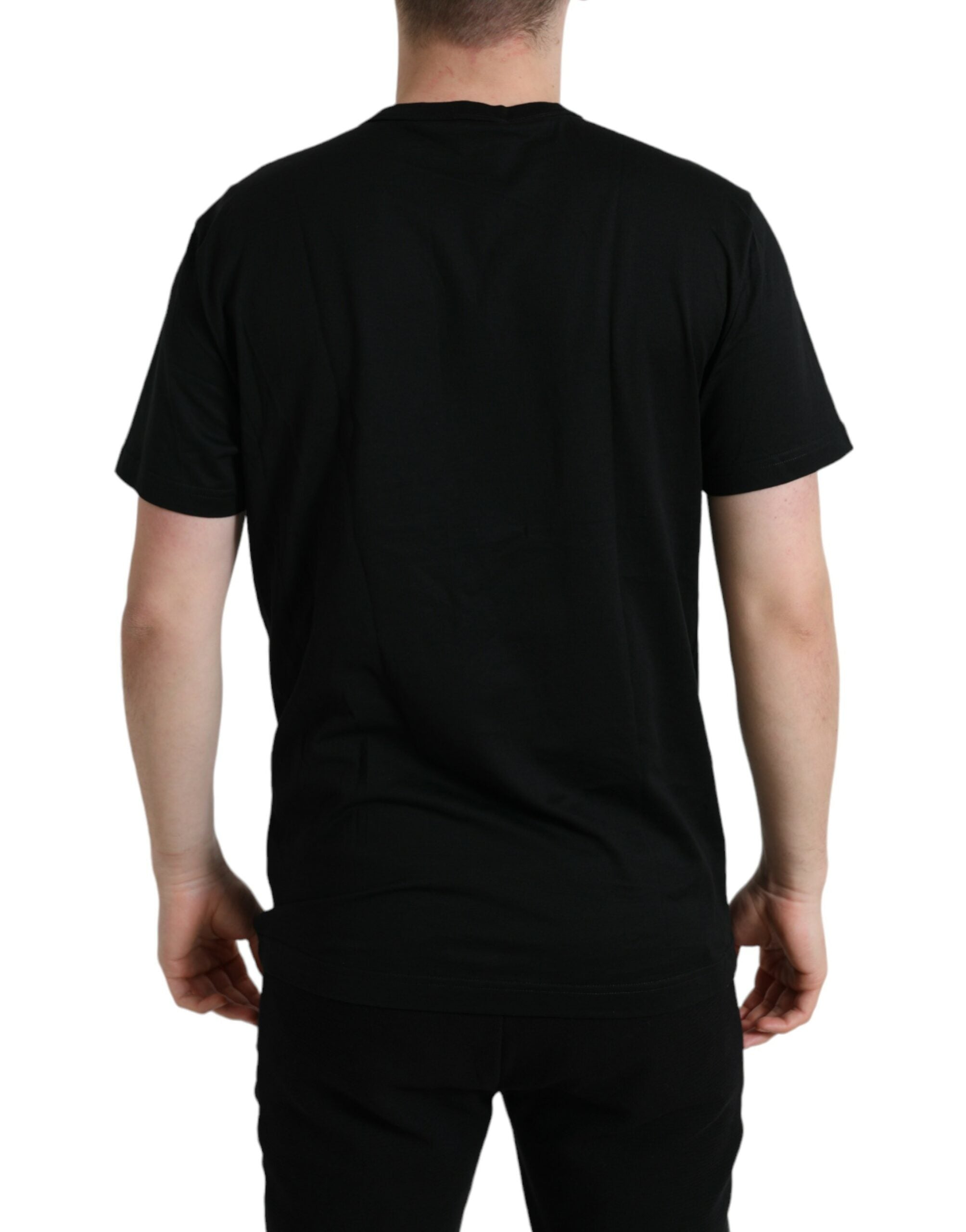 Black cotton dog tag round neck T-shirt by Dolce & Gabbana, featuring a classic fit and minimalist design.