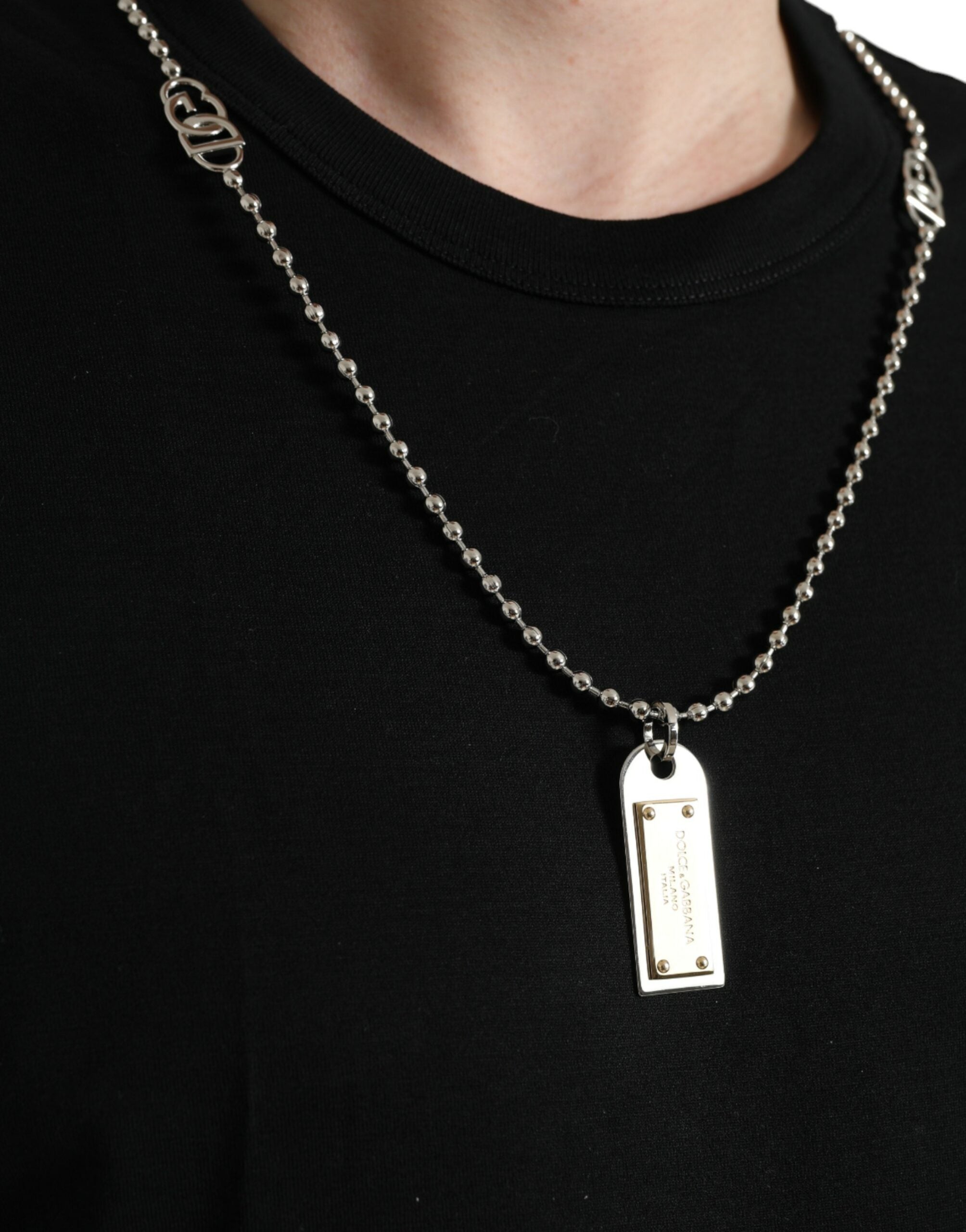 Black cotton dog tag round neck T-shirt by Dolce & Gabbana, featuring a casual fit and minimalist design.