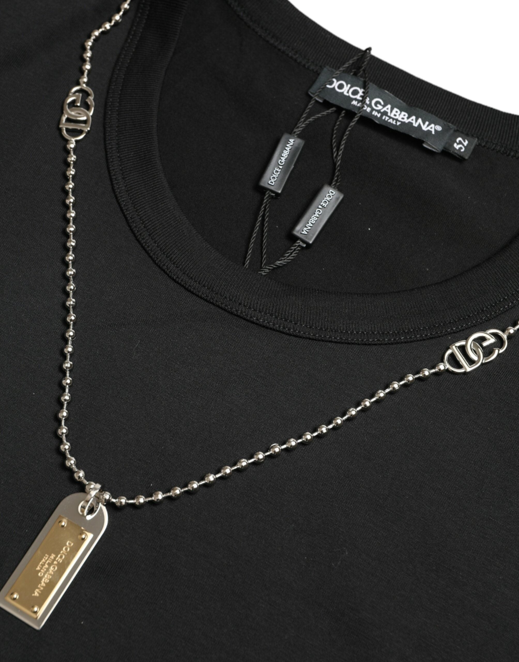Black cotton dog tag round neck T-shirt by Dolce & Gabbana, front view showcasing the classic round neckline and minimalist design.