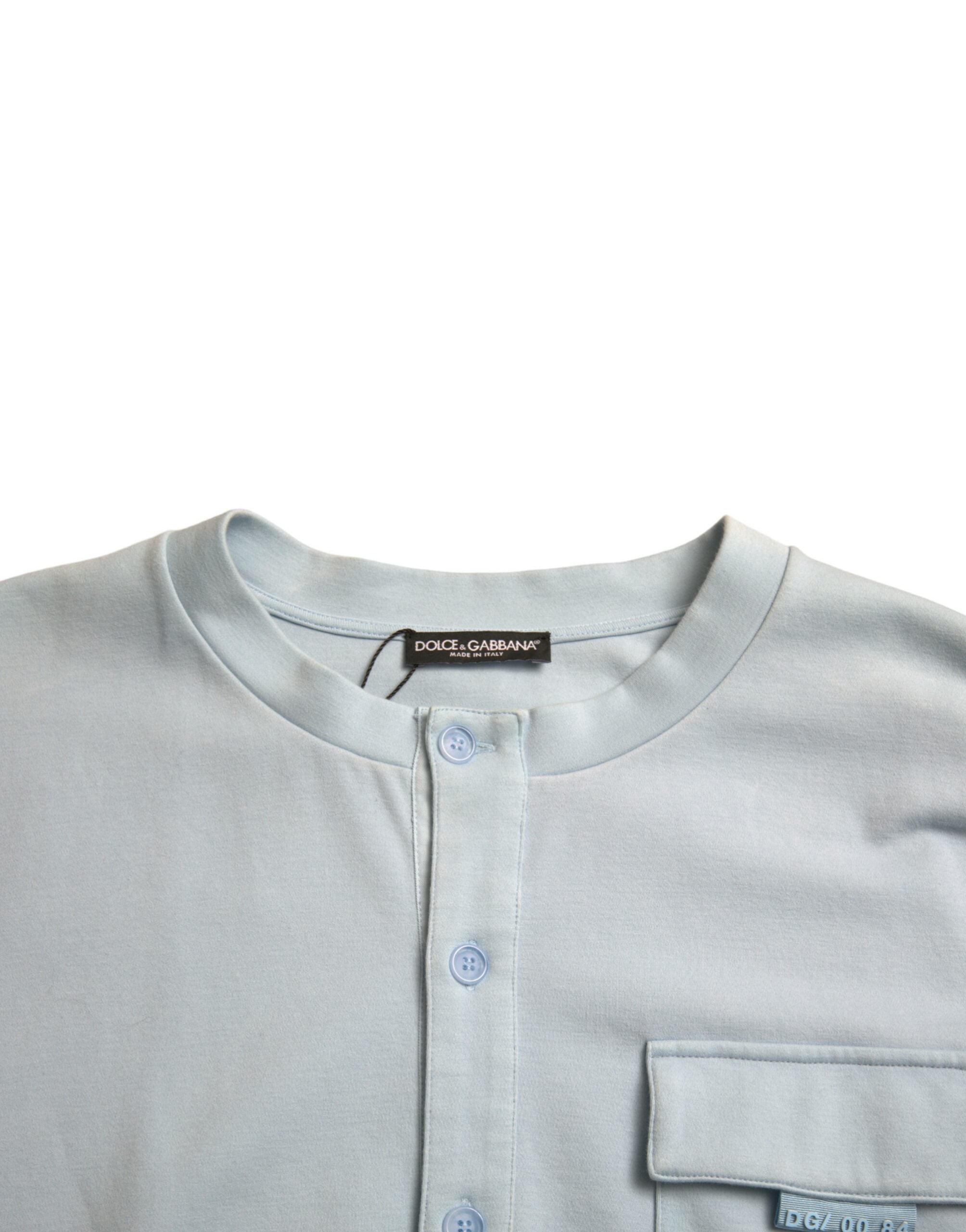 Light blue cotton buttoned pullover sweater by Dolce & Gabbana, shown with a classic fit and detailed front buttons.
