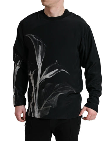 Black floral print crewneck pullover sweater by Dolce & Gabbana, featuring a stylish floral design on soft fabric.