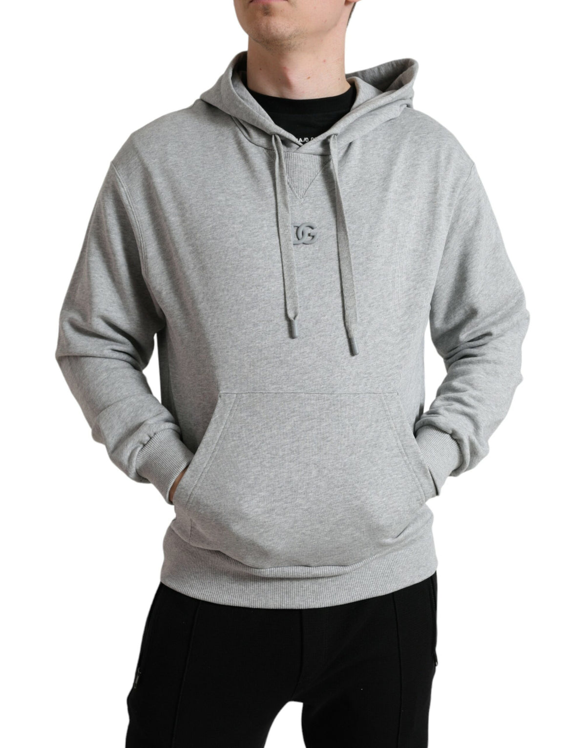 Gray cotton logo hooded sweatshirt from Dolce & Gabbana, featuring a front hood and casual sweater design.