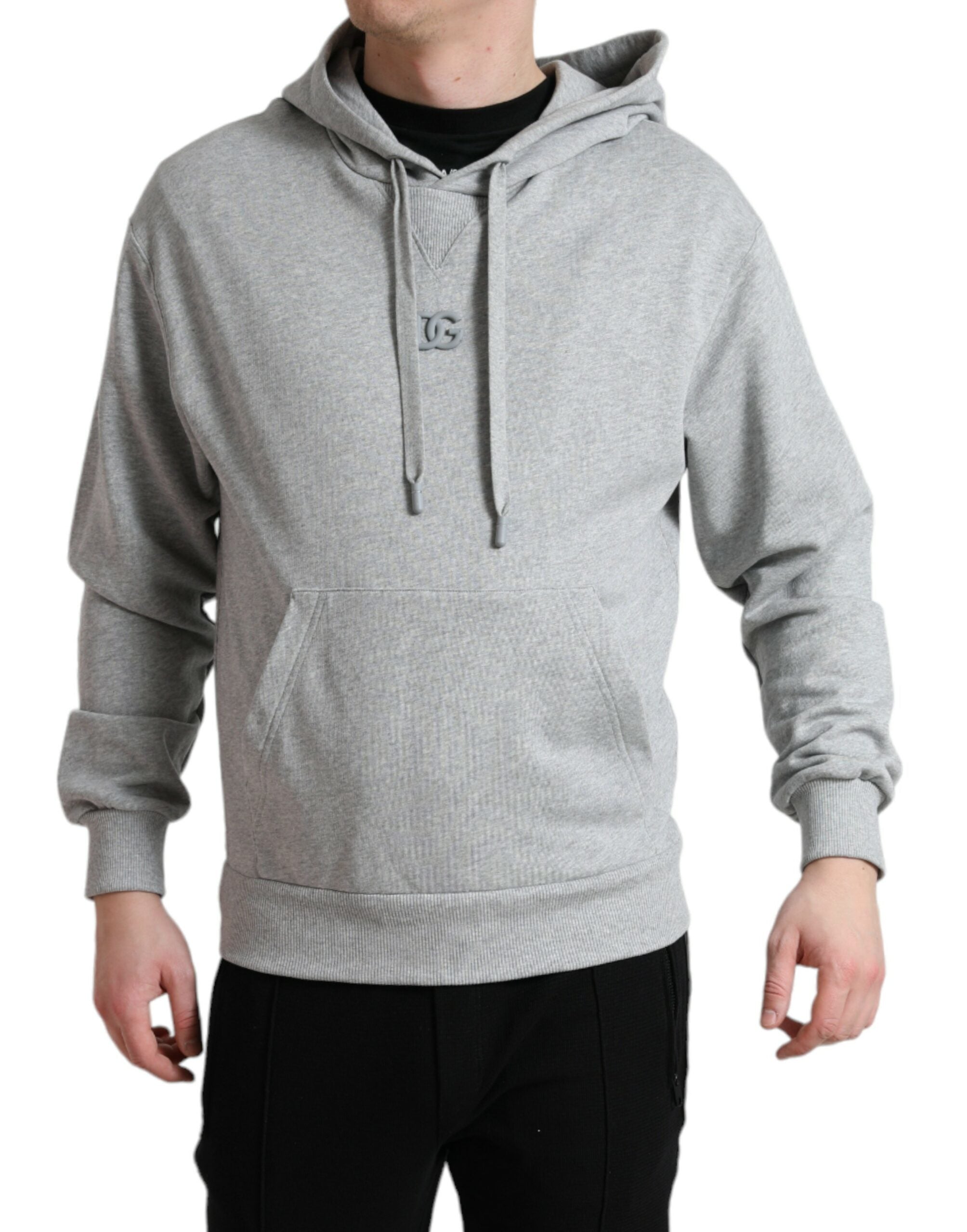 Gray cotton hooded sweatshirt with Dolce & Gabbana logo, casual sweater featuring a front hood and relaxed fit.