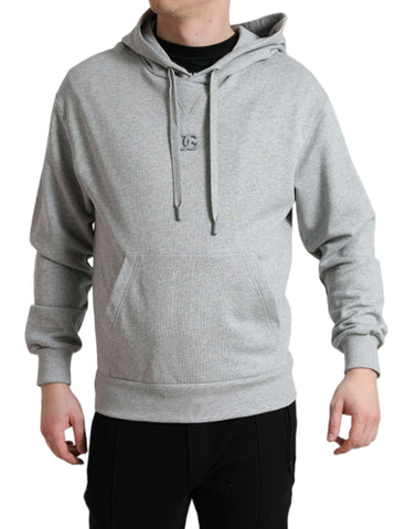 Gray cotton hooded sweatshirt with Dolce & Gabbana logo, casual sweater featuring a front hood and relaxed fit.