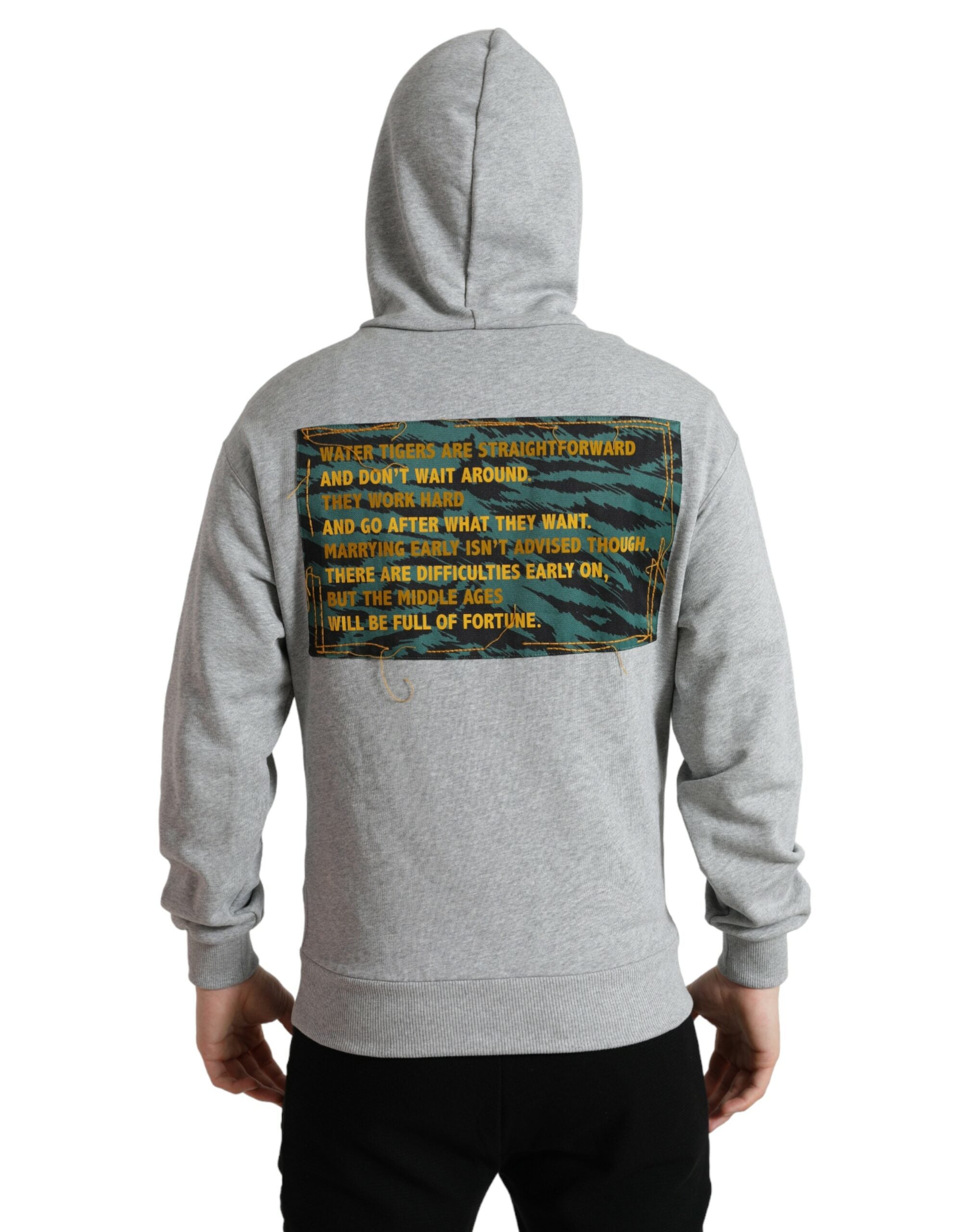 Gray cotton hoodie with Dolce & Gabbana logo, featuring a front pocket and drawstring hood, casual sweatshirt for men.