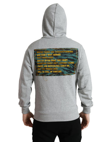 Gray cotton hoodie with Dolce & Gabbana logo, featuring a front pocket and drawstring hood, casual sweatshirt for men.