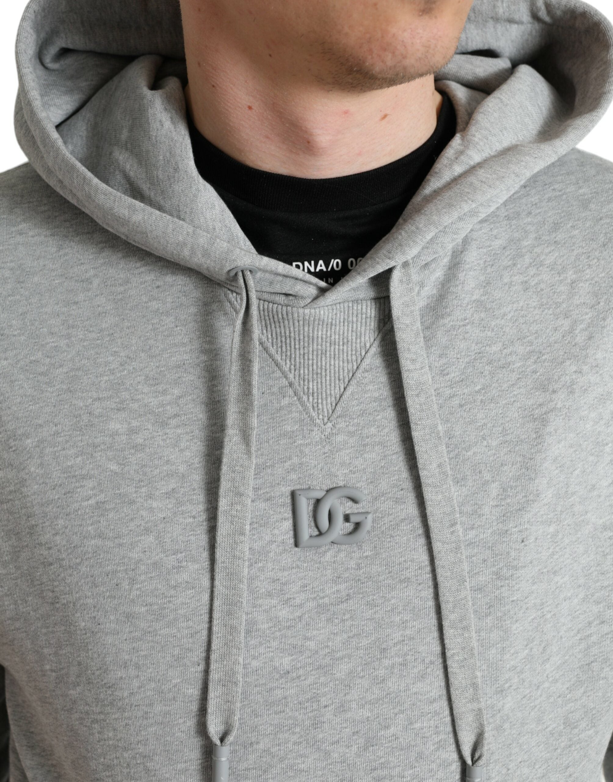 Gray cotton hooded sweatshirt with Dolce & Gabbana logo, casual sweater featuring a front hood and relaxed fit.