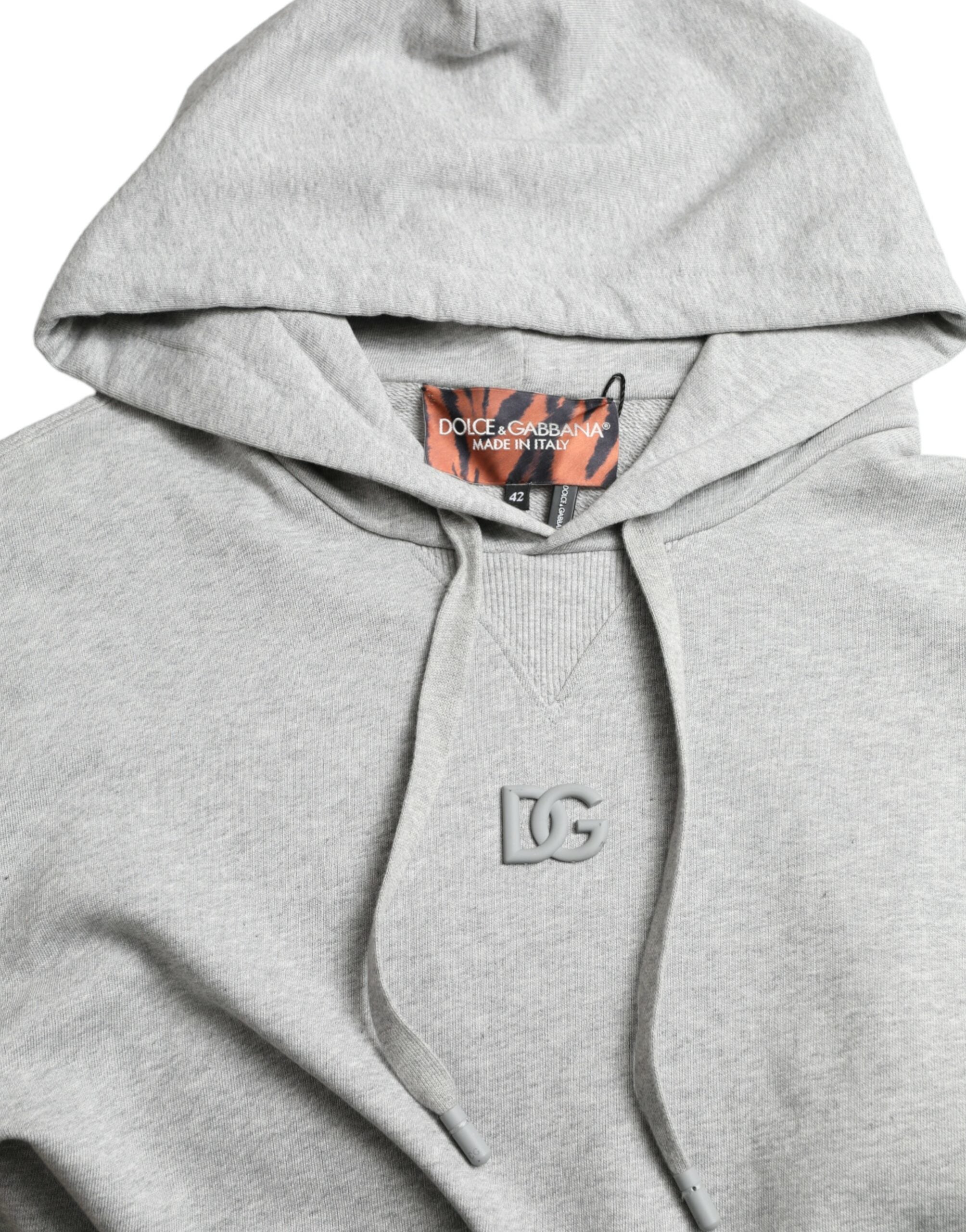 Gray cotton hoodie sweatshirt with Dolce & Gabbana logo, featuring a drawstring hood and relaxed fit.