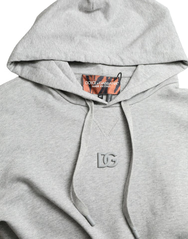 Gray cotton hoodie sweatshirt with Dolce & Gabbana logo, featuring a drawstring hood and relaxed fit.